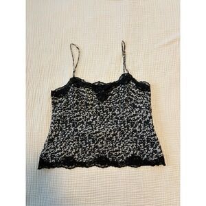 Ann Taylor Lace Trim Camisole Top Size 12P Black White Side Zip Cami 100% Silk